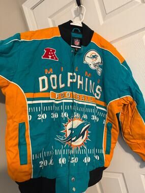 NFL Miami Dolphins Varsity Racing Canvas Oversized Jacket Orange Teal Sz: XL